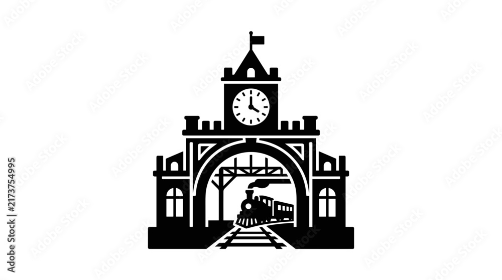 Fototapeta premium Vintage Train Station Archway with Clock Tower and Steam Train.