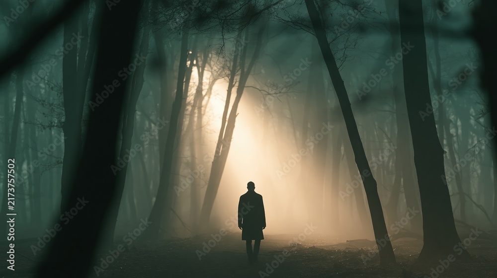 Obraz premium Solitary figure walks through dark foggy forest toward