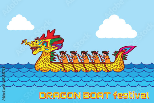 Line art Illustration vector symbols of Dragon boat or Dragon boat festival with oarsmen drawing in colorful