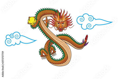 Line art Illustration vector Chinese dragon or loong long or lung holding or caught golden pearl or ball flying in the air with Chinese clouds drawing in colorful