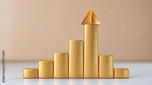 Golden bar graph chart visually represents upward financial growth.