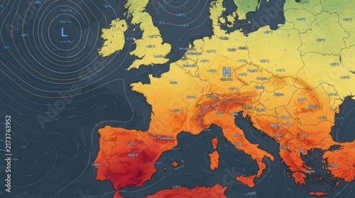 Detailed meteorological weather map of Europe showing high and low pressure systems, temperature gradients, wind flow patterns, and geographic locations for professional climate data visualization