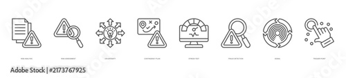 risk management icon set collection in line style. icon set consist of risk analysis, risk assessment, uncertainty, contingency plan, and more. editable stroke