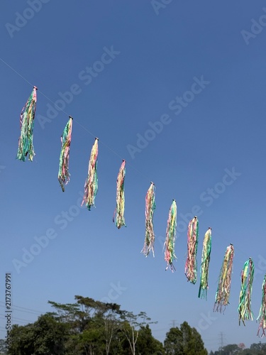 Obraz na płótnie Colorful Ribbon Tassels Hanging on Wire as Bird Deterrent Against Clear Blue Sky