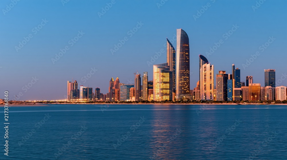 Obraz premium Modern city skyline with skyscrapers reflecting on calm