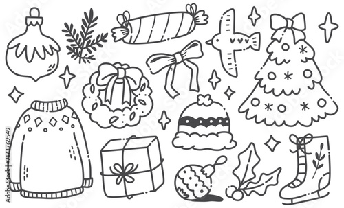 Cute Christmas Doodle Elements Set Vector Line Art