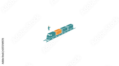 Фотография Colorful freight train with cargo containers on tracks.