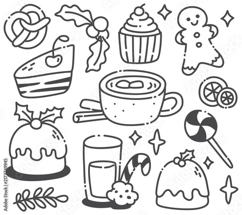 Cute Christmas Sweet Treats Food Doodle Elements Set Vector Line Art