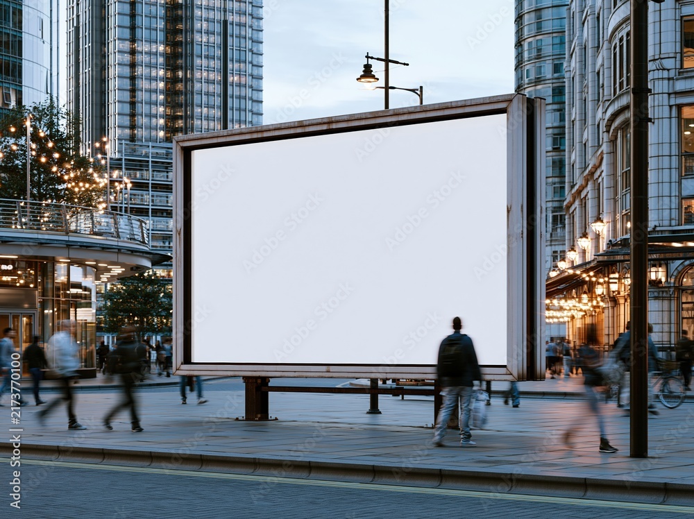 Obraz premium Empty billboard in busy city street at dusk