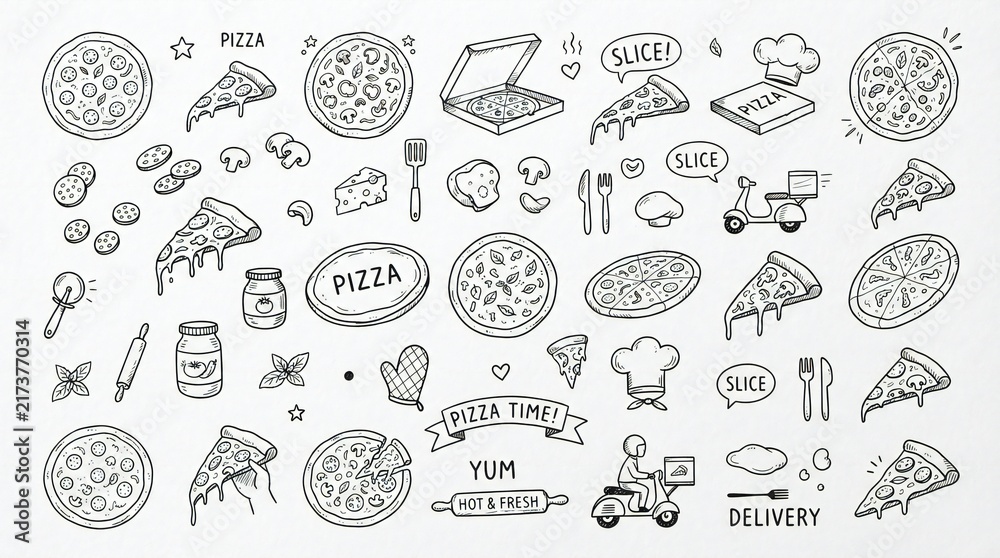 Obraz premium Hand drawn pizza doodle set, fast food icons and delivery elements on white background 