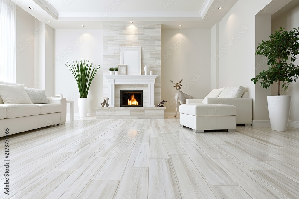 Obraz premium Bright white living room with fireplace and modern