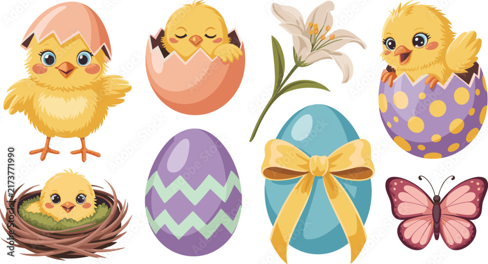 Fototapeta premium Cute Easter Chick and Decorative Spring Egg Element Set with Hatching Baby Birds, Twig Nest, Lily Flower, and Butterfly Vectors for Holiday Graphic Designs