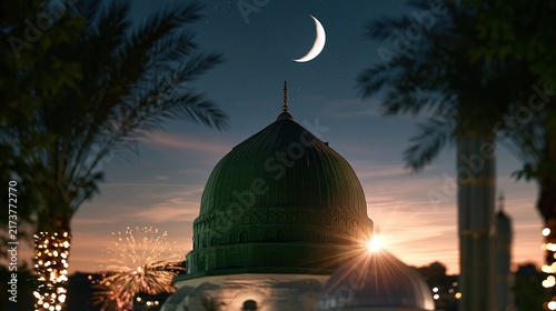 Obraz na płótnie green mosque dome with crescent moon and fireworks