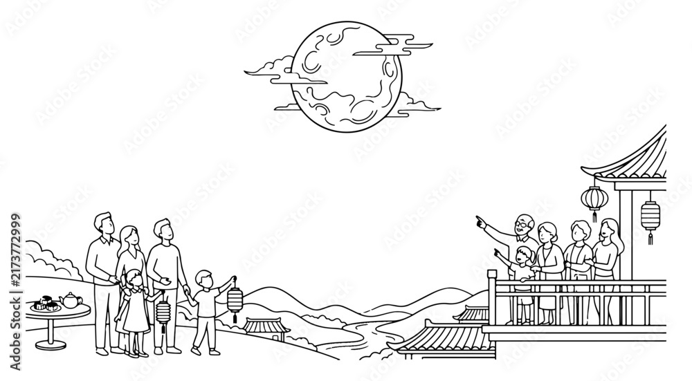 Fototapeta premium Black and white line art vector illustration of families celebrating mid autumn festival looking at the full moon with coloring page