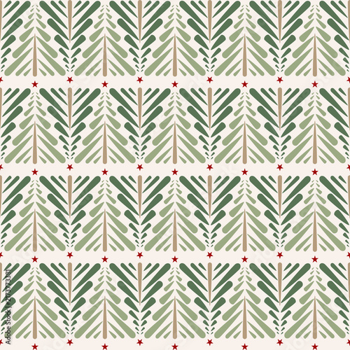 Beautiful Christmas trees vector seamless pattern. Colorful xmas card. Happy New Year design for background, greeting card, wrapping paper, fabric, textile, wallpaper, stationery.