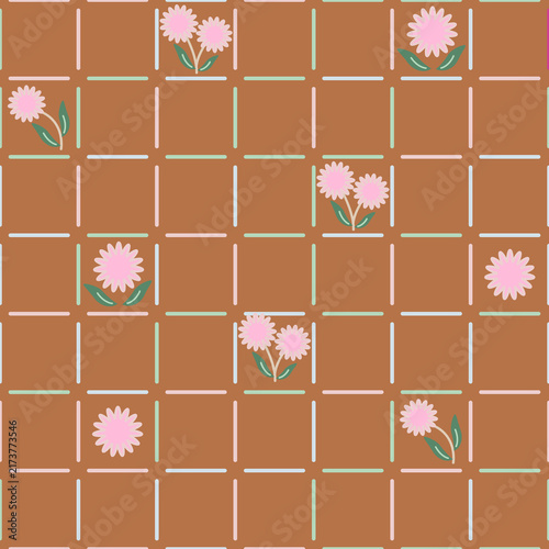 Flower vector pattern, seamless repeating background, flat illustration. Preppy floral bouquet with line icons, wallpaper design for cards, fabric, wrapping, textiles, wallpaper, and stationery.