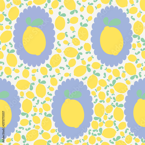Cute yellow lemon on the circle seamless pattern. Doodle citrus fruit on a checked vector for wallpaper, textile, fashion, background, stationery, wrapping, card, and phone cases.