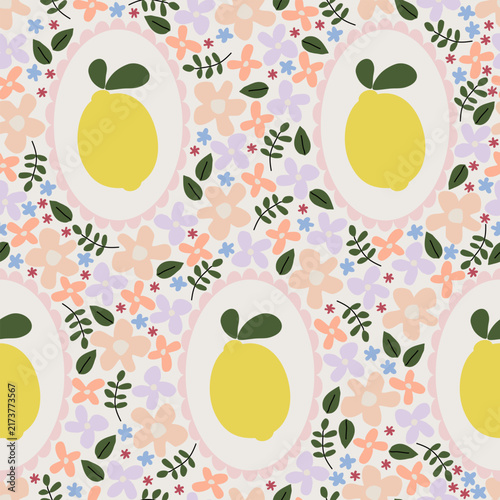 Cute yellow lemon and flower on the circle seamless pattern. Doodle citrus fruit on a checked vector for wallpaper, textile, fashion, background, stationery, wrapping, card, and phone cases.