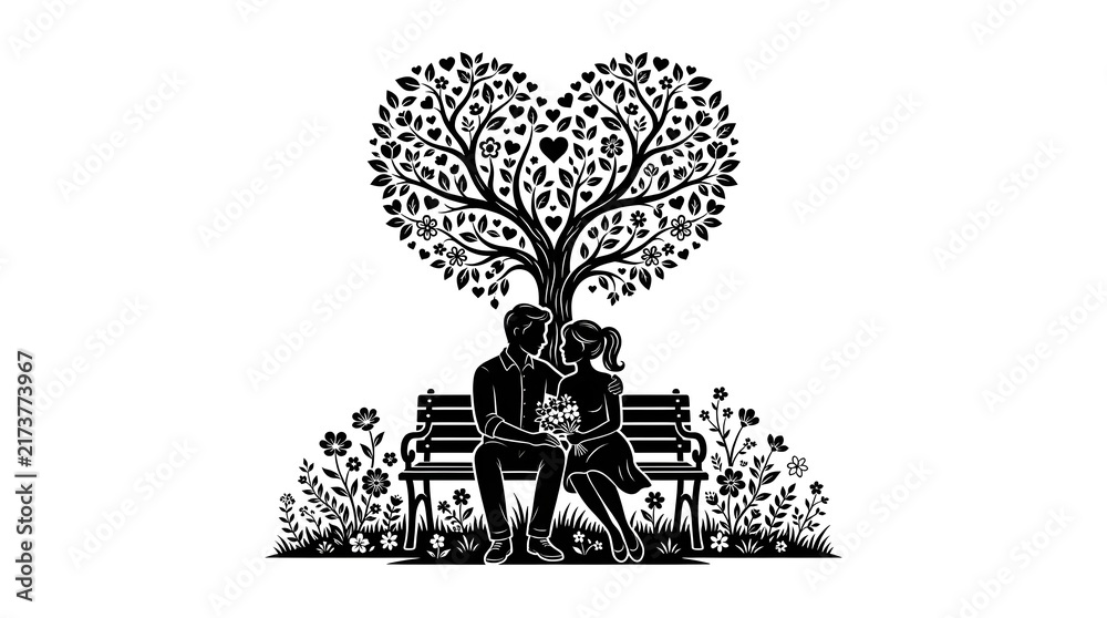 Fototapeta premium Couple sitting on a park bench under a heart shaped tree silhouette illustration.