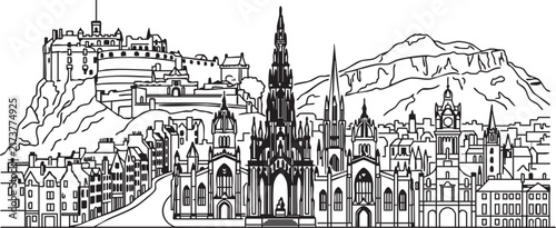 Adobe Illustrator Artwork of A detailed vector silhouette city skyline of Edinburgh, Scotland, featuring Edinburgh Castle atop the volcanic crag, the gothic Scott Monument spire