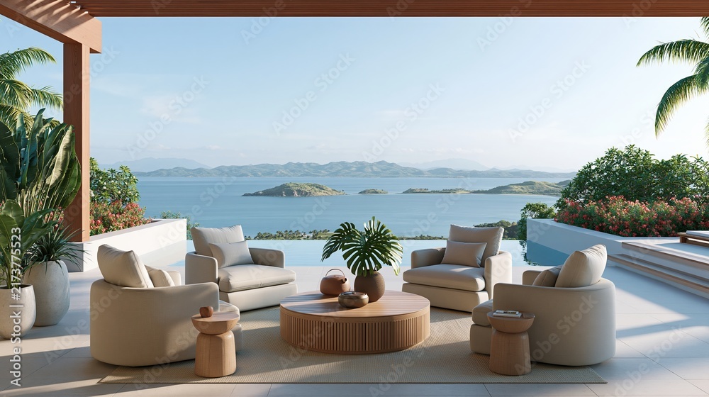 Obraz premium Modern lounge chairs on terrace overlooking ocean