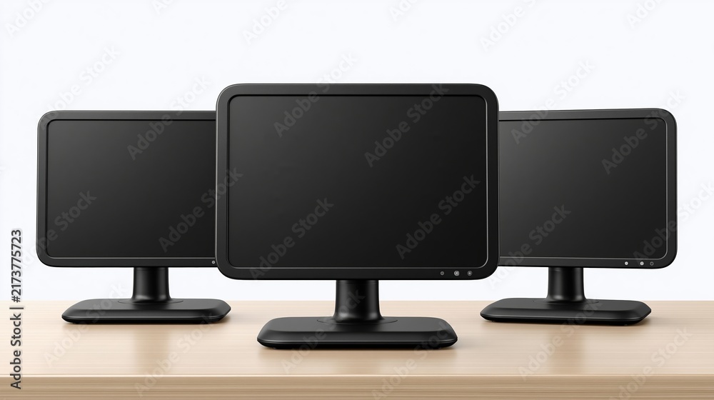 Fototapeta premium Three black computer monitors arranged on wooden desk