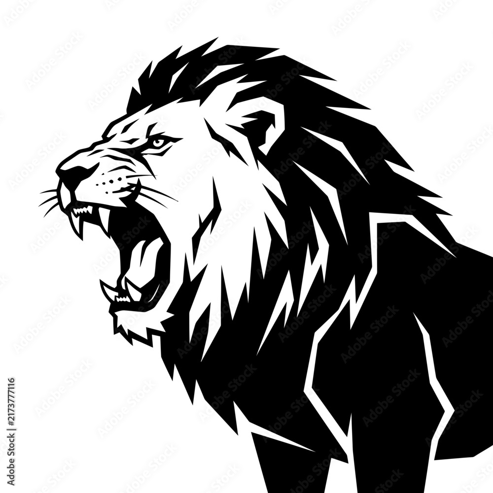 Obraz premium Bold roaring lion headline graphic illustration vector artwork with white silhouette majestic manes