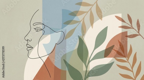 Abstract line art of woman face with leaves.