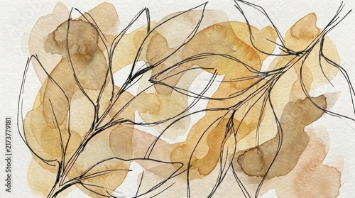 Abstract watercolor leaves with minimalist black line art.