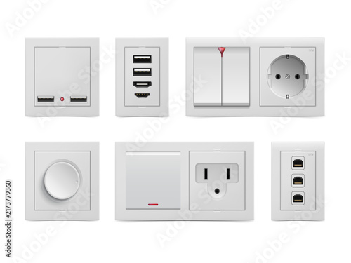 White electrical outlet and switch plates on transparent background
