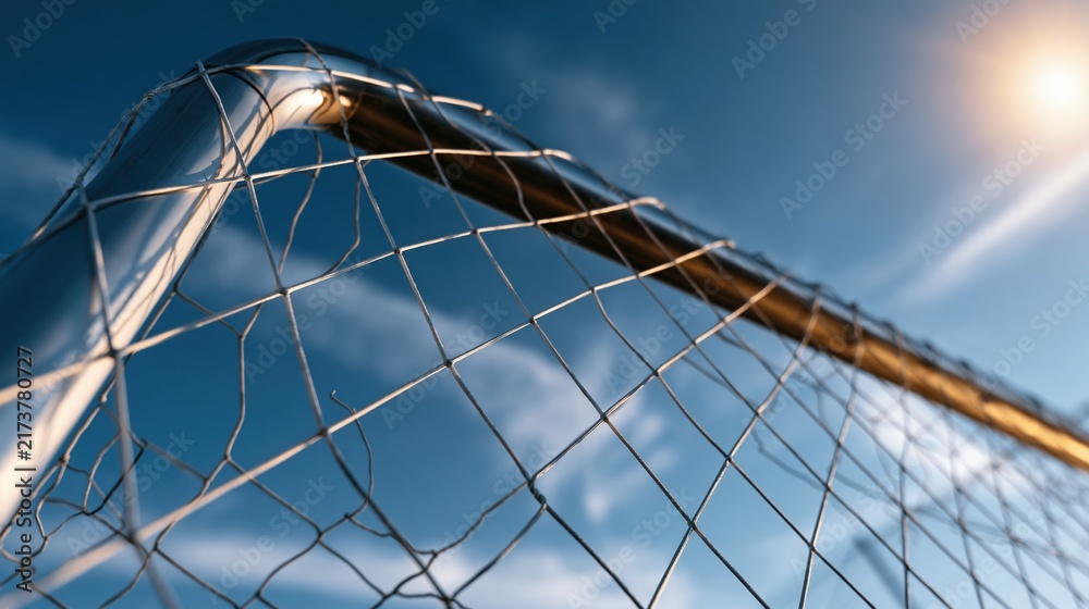 Obraz premium Close up soccer goal net against blue sky