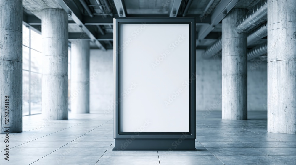 Naklejka premium Empty advertising poster frame standing in industrial warehouse