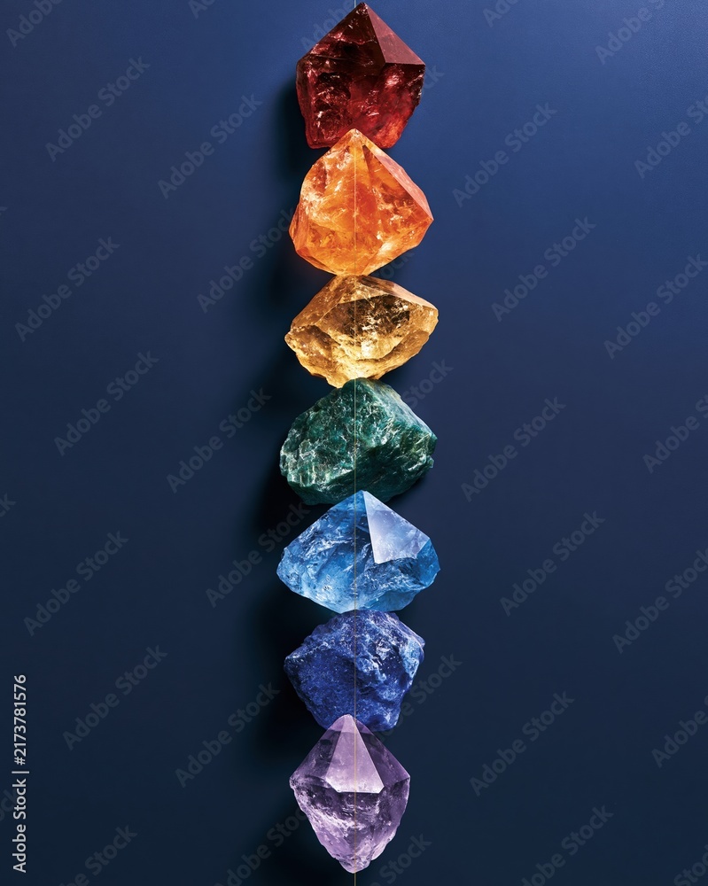 Obraz premium Vertical arrangement of colorful translucent gemstones against dark