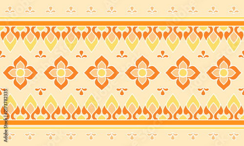 Decorative seamless stripe pattern inspired by traditional folk textiles, featuring floral motifs and geometric borders.