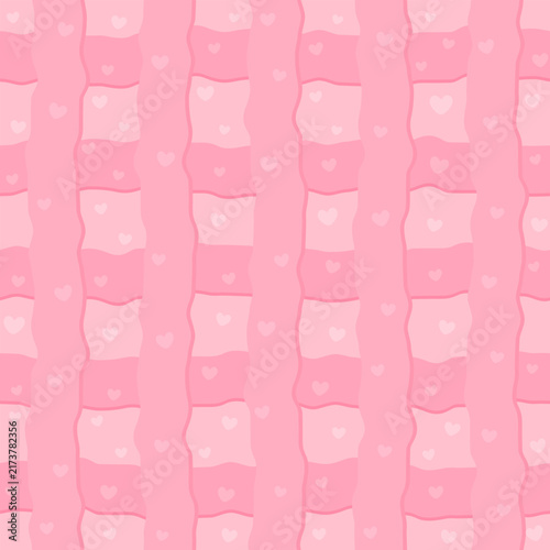 Playful retro floral pattern featuring colorful flowers inside rounded stitched squares on a pink background