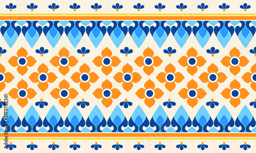 Decorative seamless stripe pattern inspired by traditional folk textiles, featuring floral motifs and geometric borders.