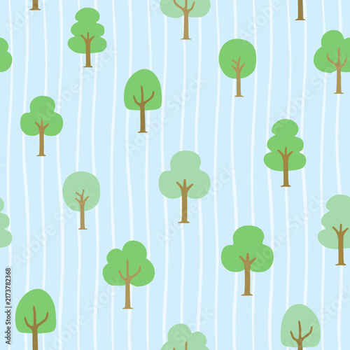 Cute Tree Pattern on Light Blue Striped Background