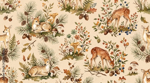 Watercolor seamless pattern with cute baby deer, mushrooms, pine branches, and forest berries on a beige background