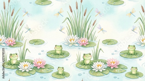 Seamless pattern with cute frogs, water lilies, and dragonflies on a pond, watercolor illustration for nursery decor and fabric design