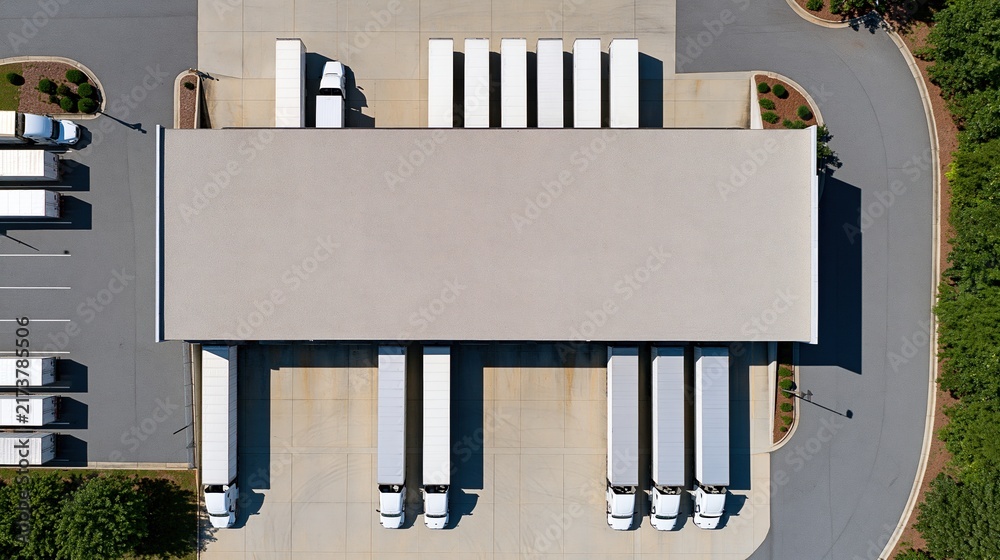 Obraz premium aerial view of trucks parked at warehouse loading