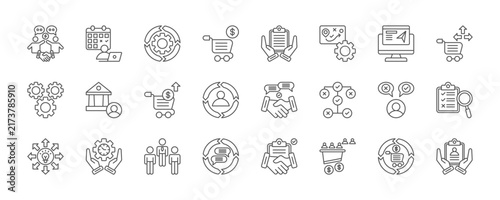 sales pipeline strategy icon set collection in line style. icon set consist of negotiation, task schedule, impact, purchase, strategy map, landing page, cross sell, option. editable stroke.