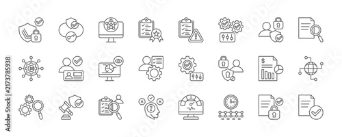 risk management compliance icon set collection in line style. icon set consist of cyber security, resource access, digital assets, accreditation, security check, control. editable stroke.