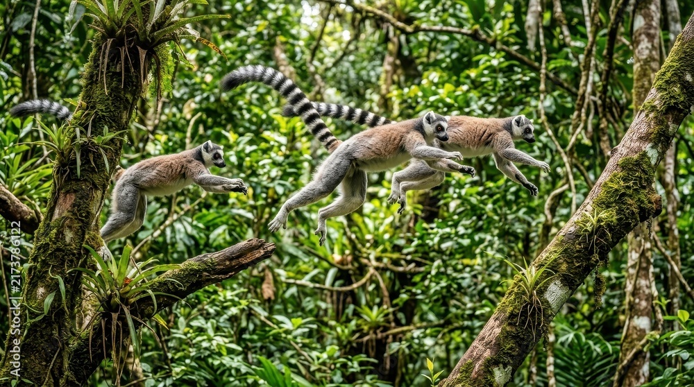 Naklejka premium Three Ring-Tailed Lemurs Jumping Through Lush Tropical Rainforest Canopy in Madagascar Jungle
