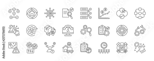 operational asset control icon set collection in line style. icon set consist of decision tree, renewal, framework, quality control, planning, forecast, resource access. editable stroke.