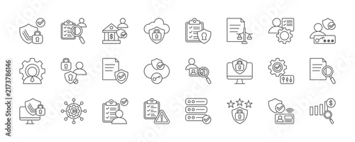data privacy access icon set collection in line style. icon set consist of cyber security, auditor, bank account, cloud security, access policy, regulatory standard. editable stroke.