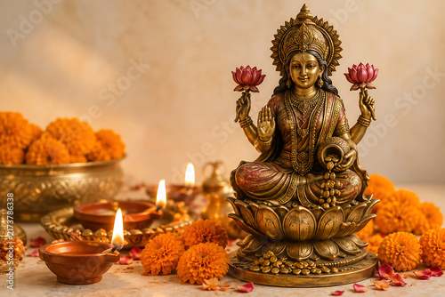 Golden Goddess Lakshmi statue seated on lotus with coins, pink flowers, marigolds, and glowing diyas, symbolizing prosperity, wealth, abundance, blessings, and festive Hindu devotional worship.