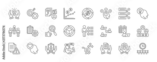 business deal strategy icon set collection in line style. icon set consist of future trend, goal achievement, scenario, forecast, communication, proposal. editable stroke.