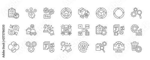 asset management planning icon set collection in line style. icon set consist of inventory, assumption, control, renewal, resale, simulation, lifecycle, inspect, utilize, best case. editable stroke.