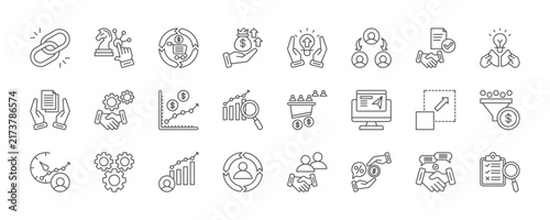 affiliate sales growth icon set collection in line style. icon set consist of linking, strategic choice, repeat sale, revenue, future trend, referral, agreement, sharing. editable stroke.
