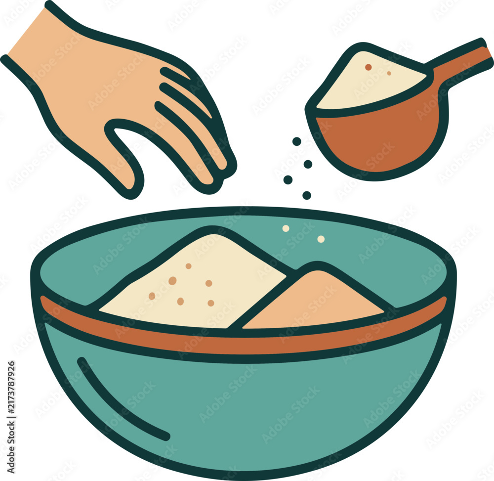 Fototapeta premium Hand adding flour to bowl with ingredients, cooking preparation concept, cartoon illustration